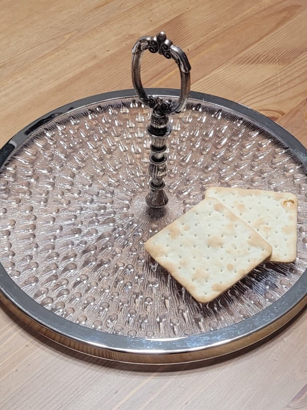 Vintage Textured Glass and Silver-Tone Metal Serving Tray with Center Handle